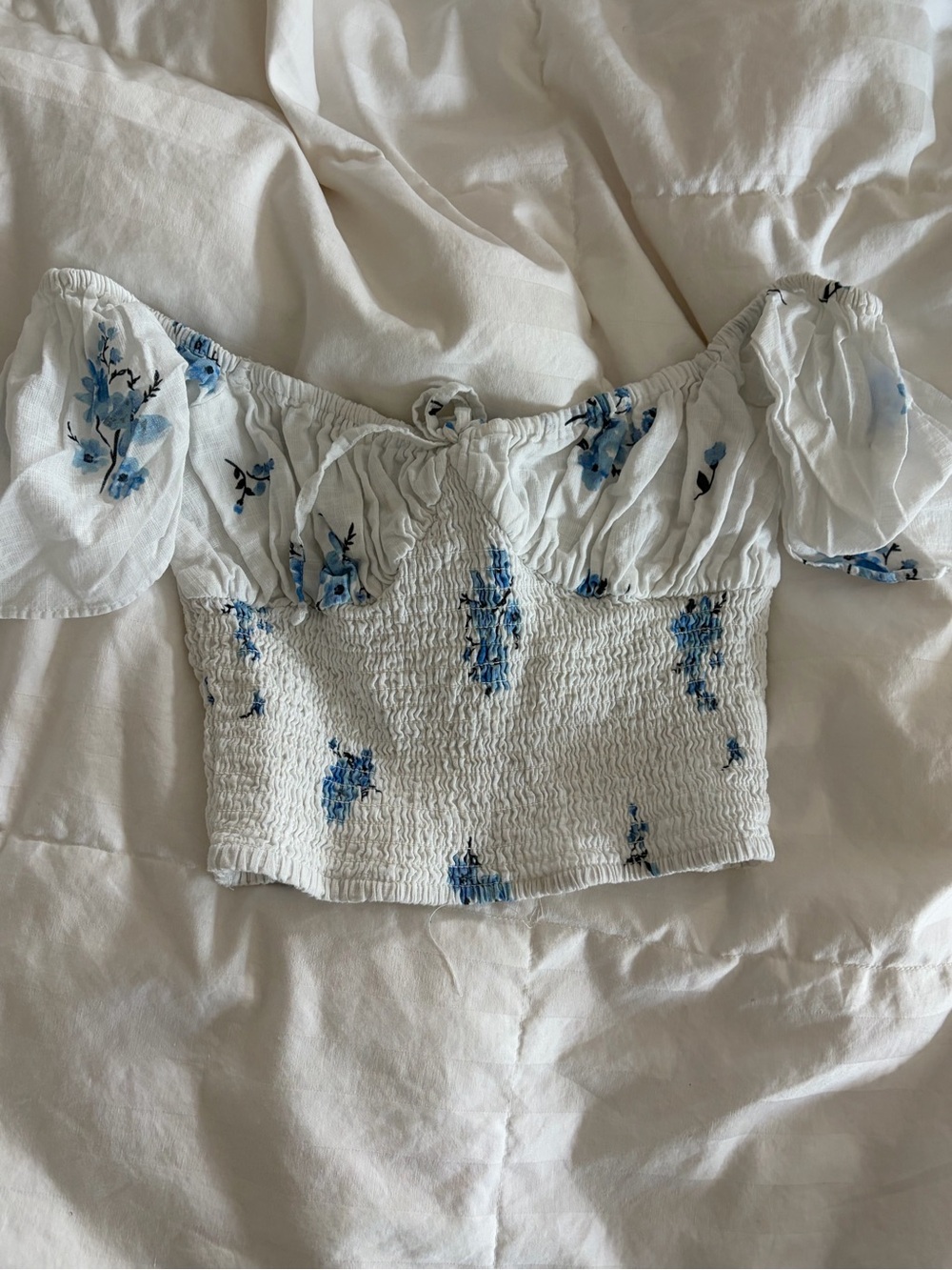 Princess Polly White Smocked Off-Shoulder Crop Top with Blue Floral Print